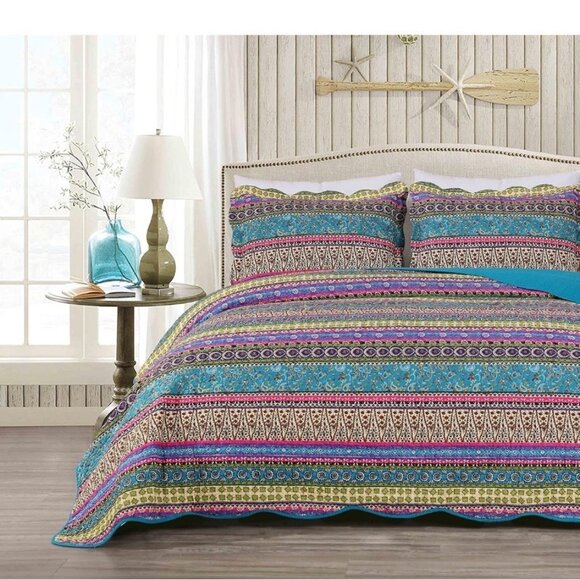 Two Chezmoi Collection Odette Boho Chic Quilted Scalloped Standard Cotton Shams - Picture 1 of 10